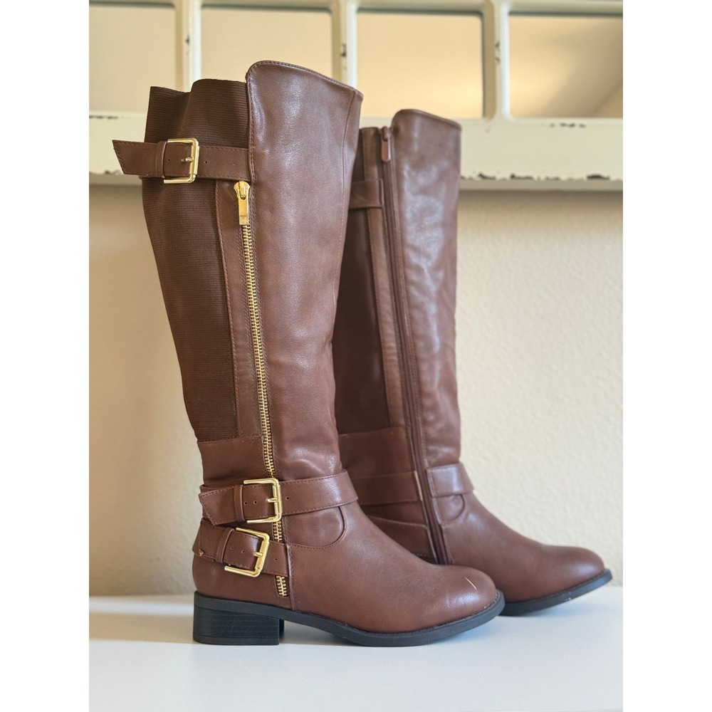 Brown Faux Leather Knee High Riding Boots Wide Calf Double Buckle Side Zip 6W